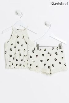 River Island Cream Girls Leopard Print Broderie Top and Shorts Set (B39925) | Kč715