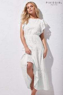 PixieGirl Petite White 100% Cotton Frill Sleeve Embrodiered Maxi Dress (B40000) | $86