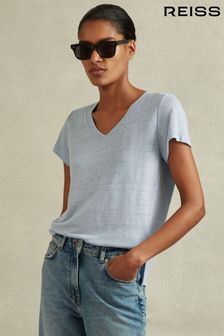 Reiss Light Blue Lottie Marled Linen V-Neck T-Shirt (B40115) | €88