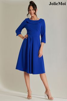 Jolie Moi Blue 3/4 Sleeve Fold Neck Midi Dress (B40140) | AED433