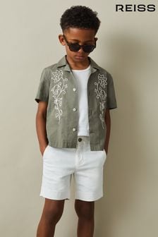 Reiss Sage/Off White Sonny Cotton Embroidered Cuban Collar Shirt (B40228) | SGD 127