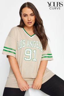 Yours Curve Natural V-Neck Varsity Slogan T-Shirt (B40559) | AED122