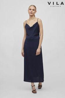 VILA Blue Cami Satin Slip Occasion Dress (B40602) | kr493