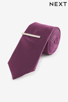 Purple Grape Slim Textured Tie And Clip Set (B40628) | $21