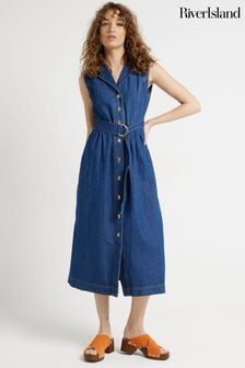 River Island Blue 100% Cotton Belted Denim Midi Dress (B40728) | $94