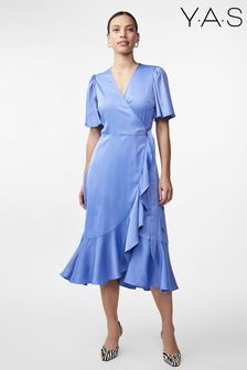 Y.A.S Blue Satin Wrap Ruffle Dress (B40857) | kr974