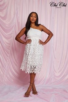 Chi Chi London White One Shoulder Premium Lace Midi Dress (B41016) | SGD 190