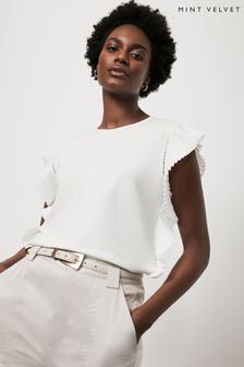 Mint Velvet White Cotton Pleated T-Shirt (B41221) | KRW117,400