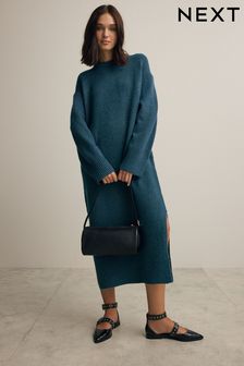 Modra in modrozelena - Relaxed Soft Touch Crew Neck Midi Knitted Jumper Dress (B41262) | €39