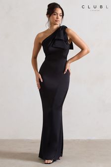Club L Black Lady Satin Asymmetric Maxi Dress With Bow (B41263) | KRW256,200