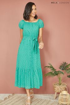 Mela Green Foil Print Bardot Midi Dress (B41376) | 223 QAR