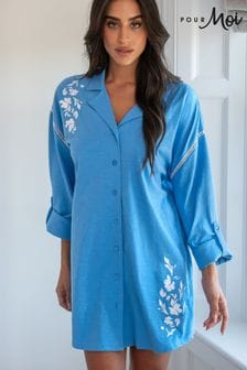 Pour Moi Blue Oversized 100% Cotton Jersey Embroidered Revere Collar Nightshirt (B41379) | $58