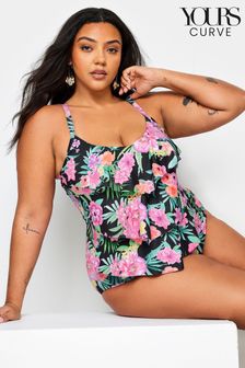 Yours Curve Black Floral Print Frill Tummy Control Swimsuit (B41649) | €43