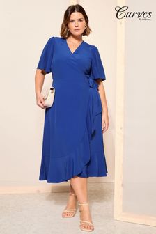 Curves Like These Blue Chiffon Mix Flutter Sleeve Wrap Midi Dress (B41722) | 446 SAR