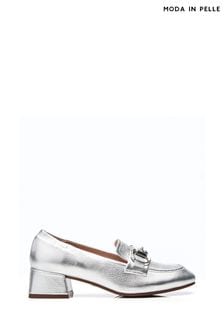 Moda in Pelle Silver Fenet Soft Square Toe Heeled Snaffle Trim Loafers (B41874) | AED549