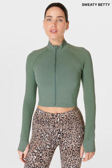 Sweaty Betty Cool Forest Green Athlete Crop Seamless Workout Zip-Up Sweatshirt (B42010) | $119
