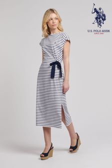 U.S. Polo Assn. Womens Blue Striped Bow Jersey Dress