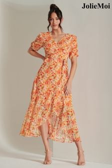 Jolie Moi Orange Print Metallic Textured Chiffon Maxi Dress (B42093) | $129