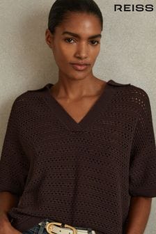 שוקולד - Reiss Carla Knitted Open-collar Polo Shirt (B42142) | ‏1,079 ‏₪