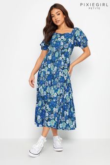 PixieGirl Petite Blue Floral Print Puff Sleeve Midi Dress (B42181) | 168 QAR