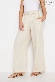 PixieGirl Petite Cream Cheesecloth Belted Wide Leg Trousers