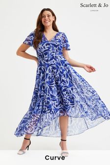 Scarlett & Jo Blue Tilly Print Angel Sleeve Sweetheart Dress (B42369) | AED499