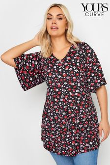 Yours Curve Black Floral Pleated Swing Top (B42385) | €34