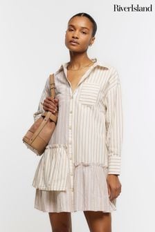 River Island Beige 100% Cotton Asym Detail Linen Shirt Dress (B42422) | $77