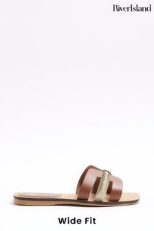 River Island Brown Wide Fit Cut Out Leather Sandals (B42425) | INR 4,188
