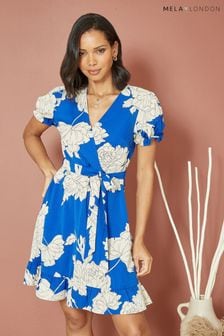 Mela Blue Blossom Print Wrap Dress With Puff Sleeves (B42440) | 173 QAR
