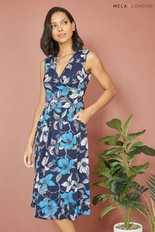 Mela Blue Floral Print Stretch Wrap Over Midi Dress With Pockets (B42477) | 198 QAR