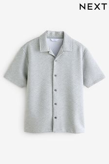 Grey Cuban Collar Textured Jersey Short Sleeve Shirt (B42901) | Kč1,055