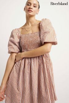 River Island Brown Stripe Puff Sleeve Smock Mini Dress (B42986) | €57