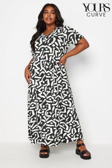 Yours Curve Black & White Abstract Print Pleated Maxi Dress (B43473) | NT$1,590