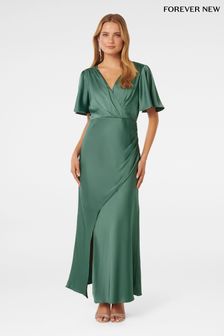Forever New Green Chelsea Flutter Sleeve Satin Maxi Dress (B43669) | €146