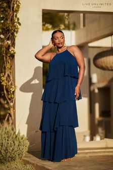Live Unlimited Blue Curve Ruffle Tiered Maxi Dress