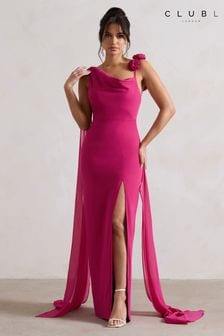 Club L London Pink Angeline Chiffon Draped Split Maxi Dress With Corsages (B43876) | OMR62