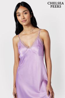 Chelsea Peers Purple Satin Lace Trim Slip Nightdress (B44010) | ￥7,050