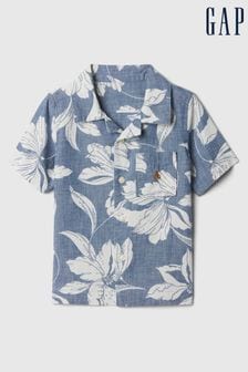 Gap Blue Brannan Bear Short Sleeve Print Baby Oxford Shirt (12mths-5yrs) (B44596) | €24