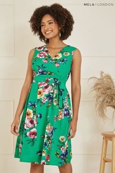 Mela Green Floral Wrap Over Midi Skater Dress (B44665) | AED222