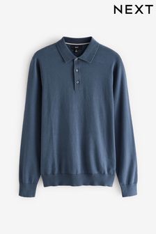 Slate Blue Slim Fit Knitted Long Sleeve Polo Shirt (B45119) | $43