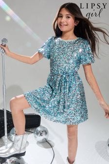 Lipsy Blue Sequin Sparkle Puff Sleeve Party Dress (5-16yrs) (B45194) | $74 - $87