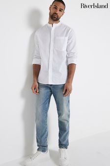 River Island White River Island White Long Sleeve Regular Fit Linen Blend Shirt (B45384) | kr454