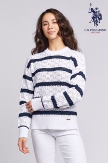 U.S. Polo Assn. Regular Fit Womens Pointelle Knit White Jumper (B45422) | AED388