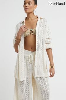 River Island Cream Crochet Oversized Beach Shirt (B45583) | AED227
