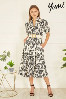 Yumi Black Leaf Print Broderie Anglaise Cotton Midi Shirt Dress With Matching Belt (B45584) | 371 QAR