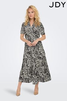 JDY Black Printed V-Neck Short Sleeve Tiered Maxi Dress (B45718) | SGD 68