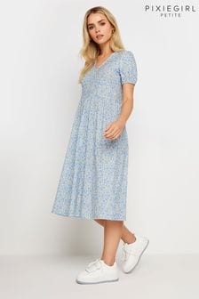 PixieGirl Petite Blue Floral Print V-Neck Midi Dress (B46293) | 158 QAR