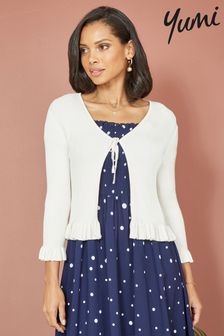Yumi White Tie Up Ribbed Cardigan With Frill Hem (B46318) | AED222