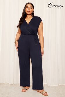Friends Like These Navy Curve Jersey Wide Leg Wrap Style V Neck Summer Jumpsuit (B46643) | $73